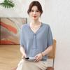 Mom's Stylish V-Neck Ice Silk T-Shirt for Women - Loose, Short-Sleeve, with Tie - Lightweight Knit Top for Middle-Aged and Elderly Summer Wear