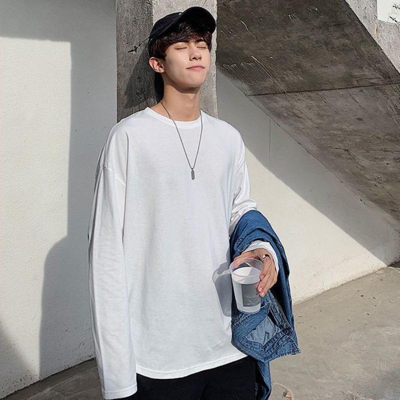 Spring and Summer New Pure Cotton Long-sleeved T-shirt Men's Design Loose Hem Slit Top