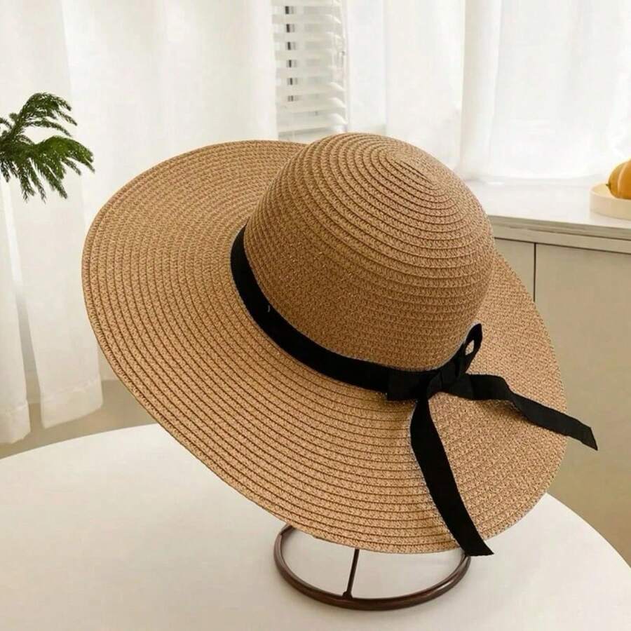 Women Oversized Brim Straw Hat With Black Bow Summer Sun Protection Beach Hat