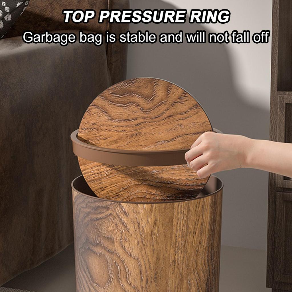 Wood Grain Retro Trash Can Swing Lid Trash Can for Kitchen Living Room Garbage Bin Office Toilet Paper Basket Bathroom