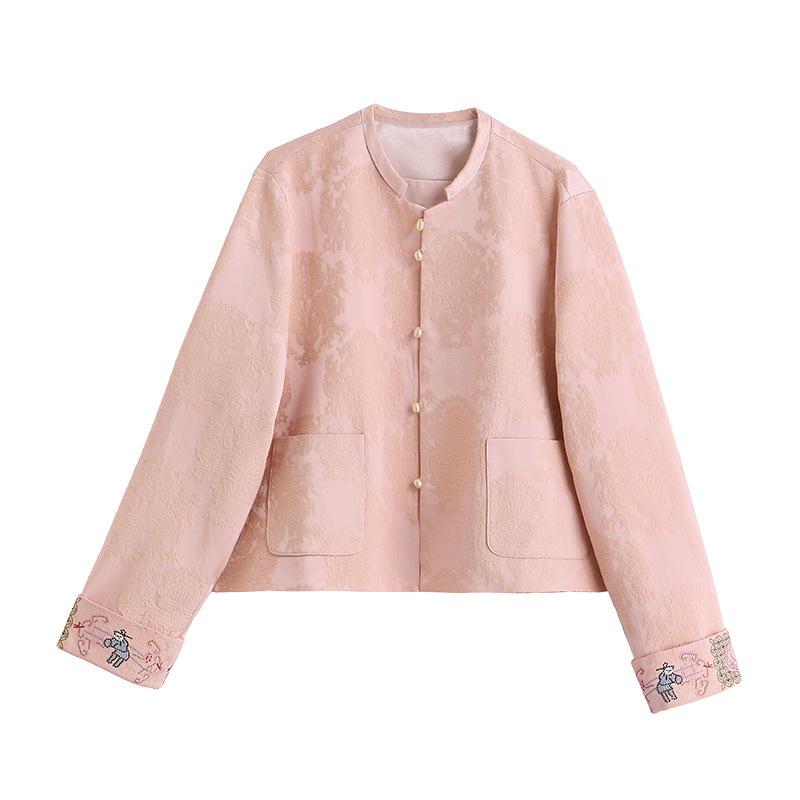 Pink coat women's short spring new jacquard embroidered front short back long top