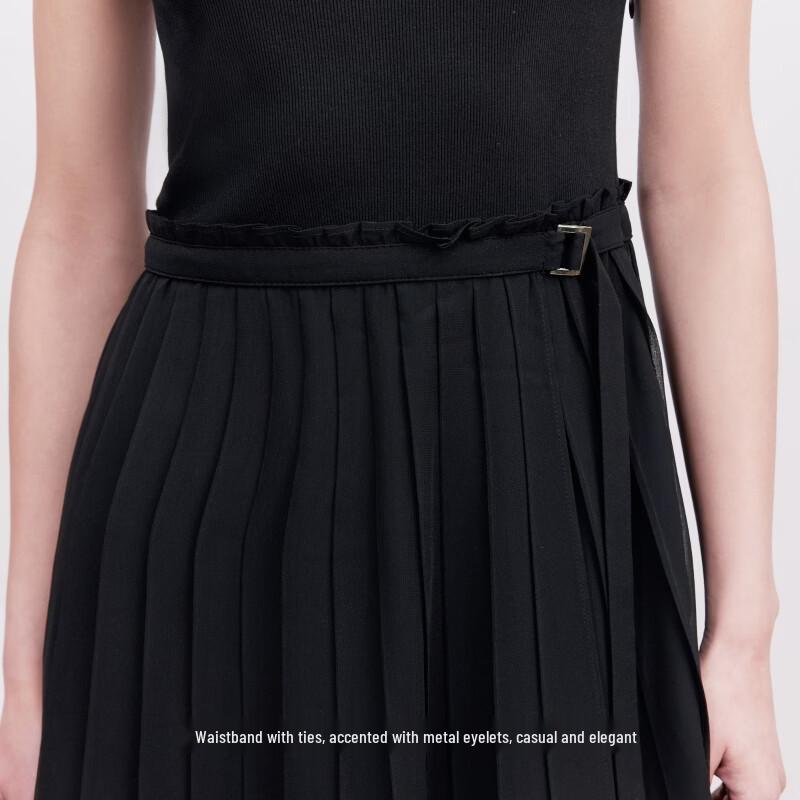VEROMODA Ribbed Knit Chiffon Tie-Waist Pleated Midi Dress