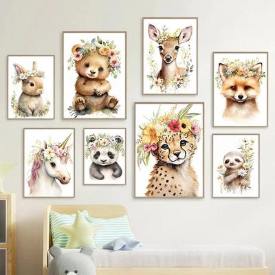 Leopard Bear Deer Fox Unicorn Flower Nursery Wall Art Posters And Prints Canvas Painting Wall Pictures Baby Kids Room Home Decor