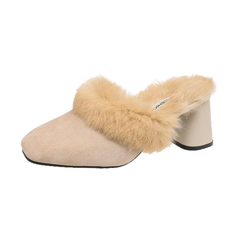 Baotou Large Size Autumn and Winter Velvet Square Head Slippers Suede Solid Color Thick Heel Fluffy Shoes Lazy Shoes Casual Fashion Women's Drag