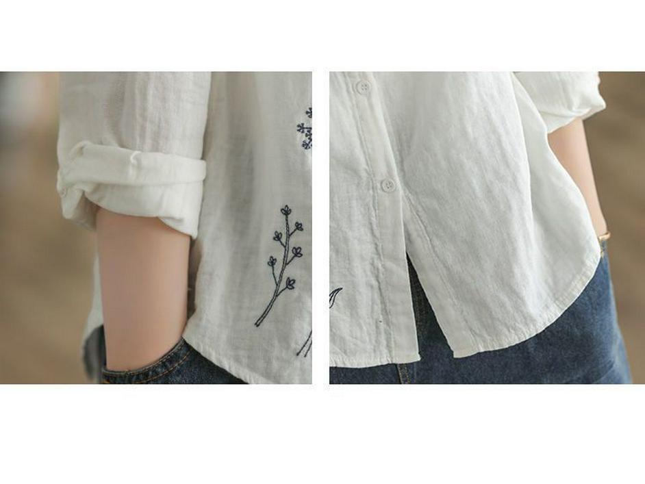 2024 Artistic Retro Floral Embroidered Cotton Linen Long Sleeve Shirt for Women - Loose Fit for Spring & Autumn
