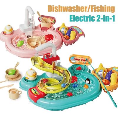 Non-Toxic Dishwashing Basin Toys Children Puzzle Pretend Play Toys Gift Kitchen Interactive Toys 2-In-1 Slide Fishing Montessori Toys