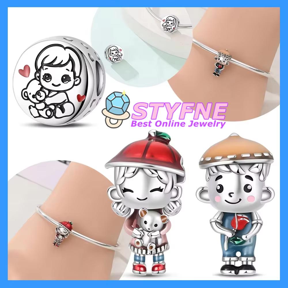 Pendants Woman New Original Copper Beads Girl Boy Holding Roses Bear Lovely Child Fit Bracelet Accessory Gift Set Jewelry