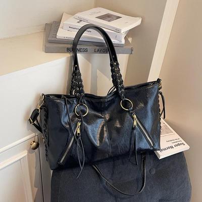Bolsa Tote de Ombro Feminina Retrô de Grande Capacidade - Bolsa Versátil Estilo Europeu e Americano com Cordão