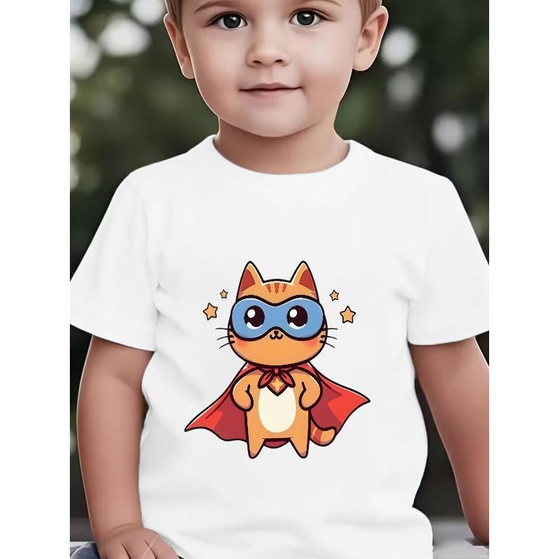 Boys Loose Fit Black Crewneck Tee, Cute Cartoon Orange Cat With Blue Mask & Red Cape Yellow Star Print 110