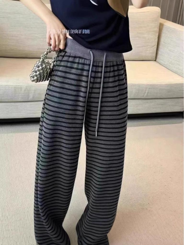 Women's Gray Retro Striped Knitted Wide-Leg Pants - Korean Style, Spring 2025, Elastic Waist, Slimming Casual Fit.