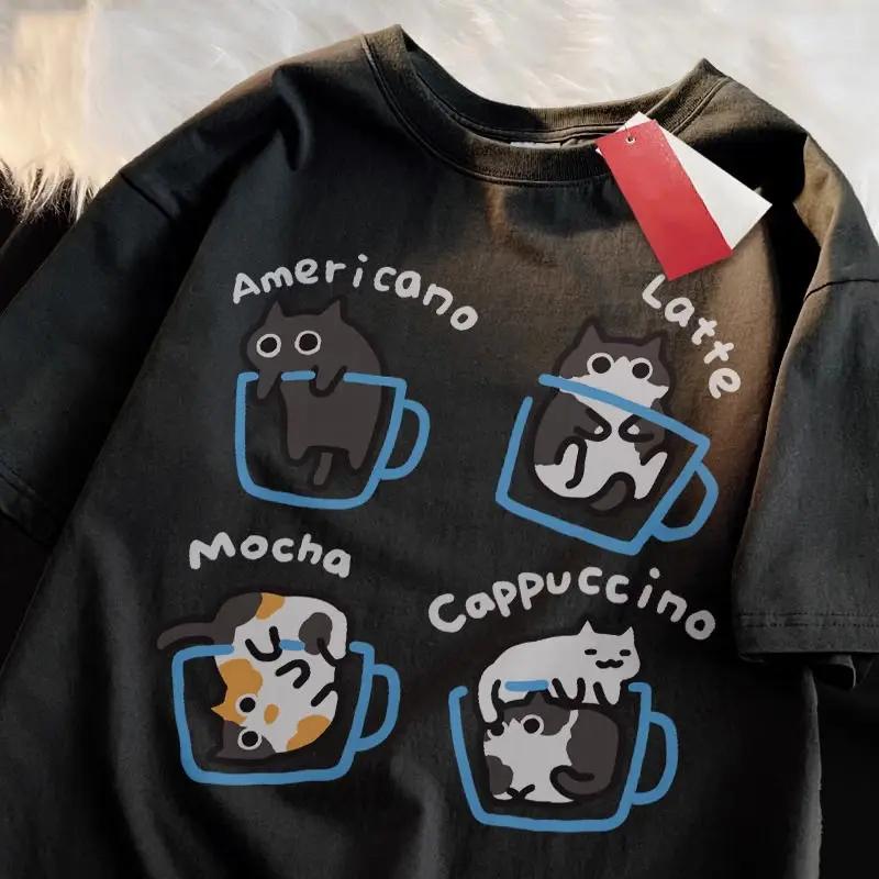 Cat Coffee Printed Pattern Cotton T-shirt for Women's Summer New Loose Men's Original Cat Couple Student Round Neck Top