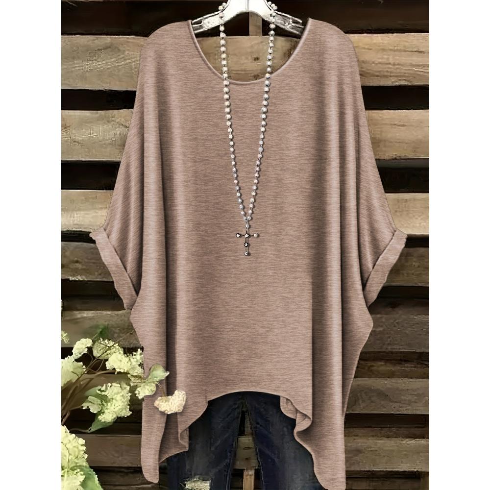 Women 's T-Shirt Simple Color Gradient Print Elegant Irregular Hem O- Neck Women's Clothing Casual T-Shirt Vacation Style Loose
