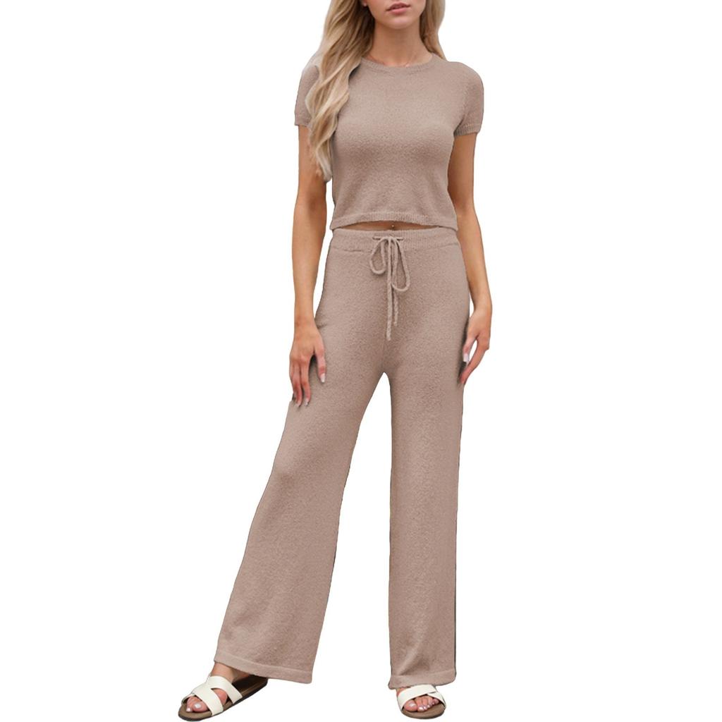 Women's Fashion Vacation Beach Round Neck Casual Loose Short Sleeve Pants Suit