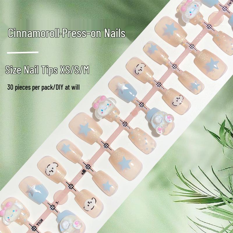 

3D Cinnamoroll Press-on Nails: Cute Big-Eared Dog Nail Art, Blue Fresh Short Set (30 Pieces)
