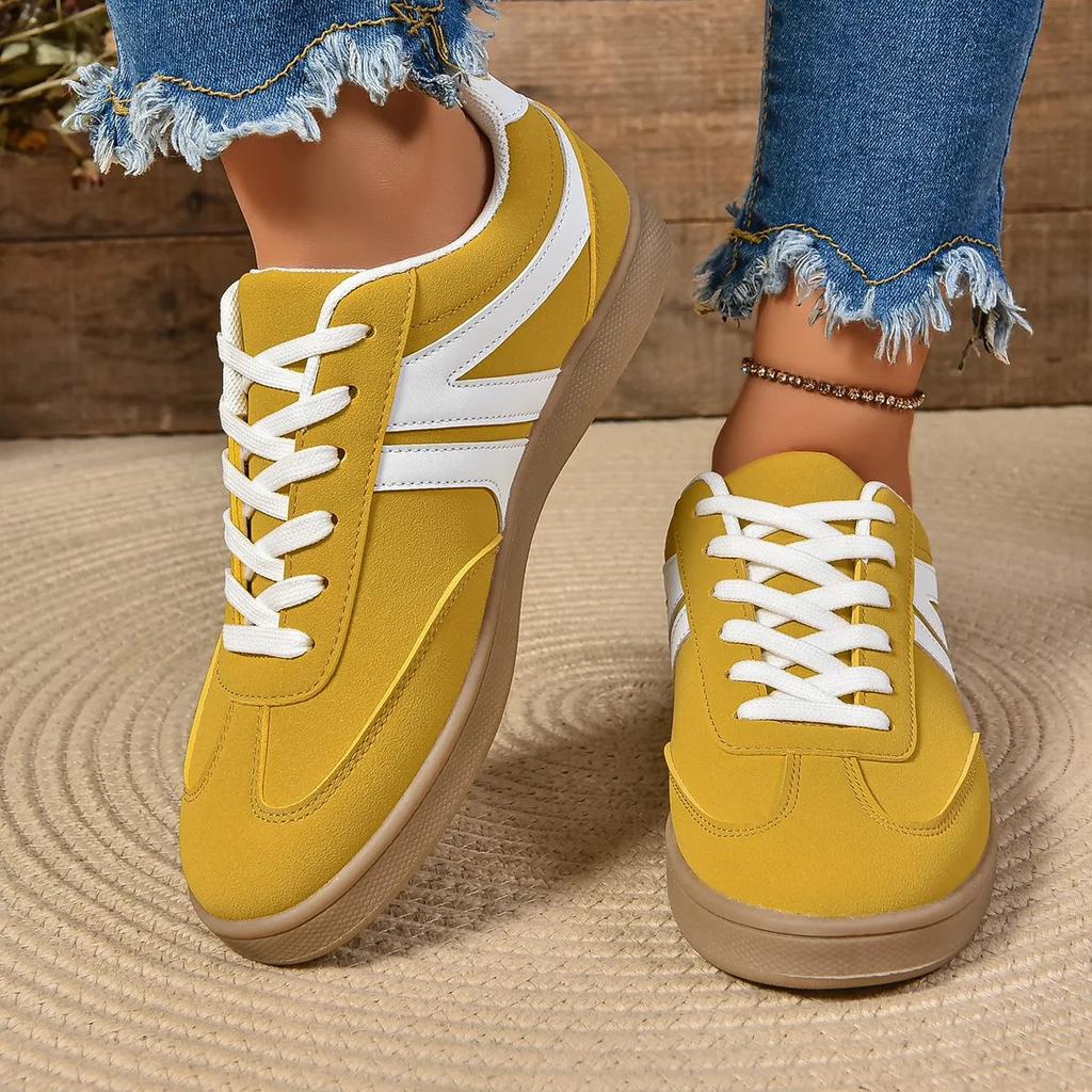 Yellow Women Sneakers 2024 Autumn Luxury Flat Loafers Comfortable Lace-up Soft Female Sneakers Lightweight Outdoor Shoes 35-43