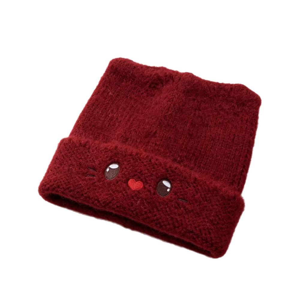 Soft sister cat ear knitted hat autumn and winter warm wool hat cat embroidery cold hat simple versatile hat women's
