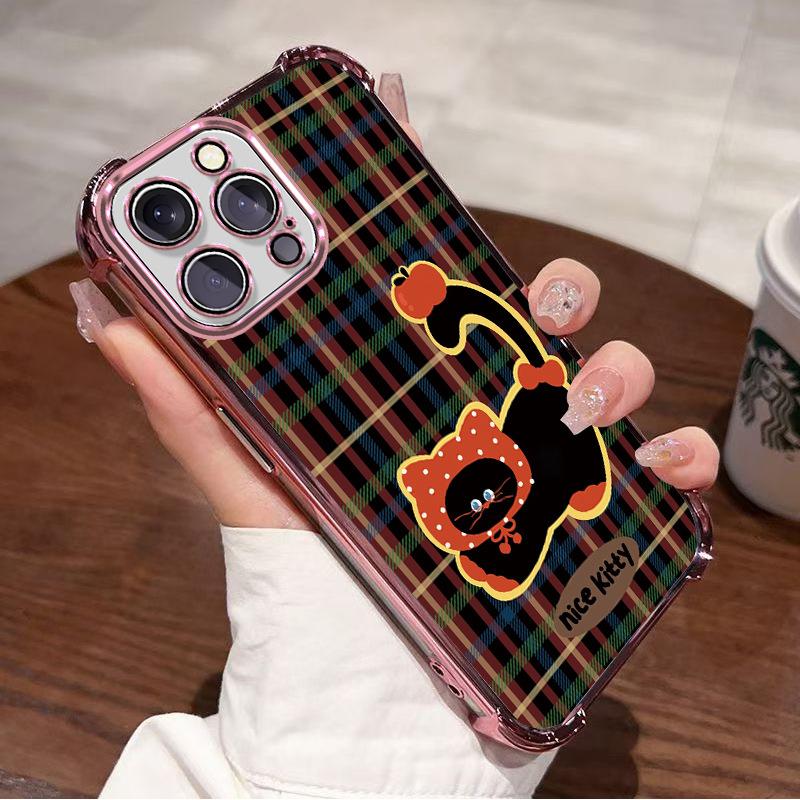 Retro Plaid Spotted Hat Cat for Apple 13promax Phone Case Airbag Anti-drop Iphone17 Cute 16