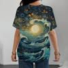 Fashionable Ocean Style Wave Moon Printed Daily Casual Women's Summer Versatile Short Sleeved T-shirt Pullover Y2K Streetwear