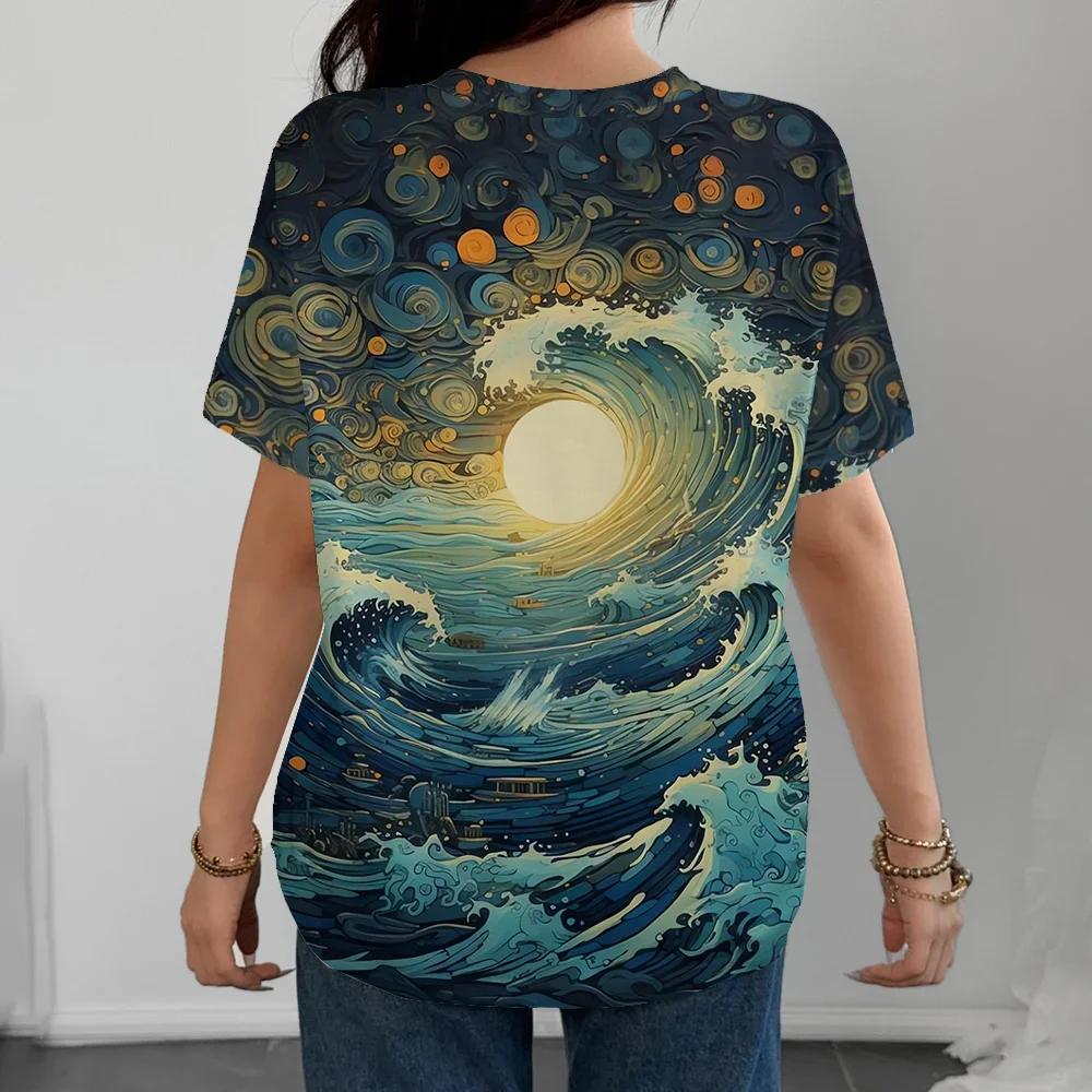Fashionable Ocean Style Wave Moon Printed Daily Casual Women's Summer Versatile Short Sleeved T-shirt Pullover Y2K Streetwear