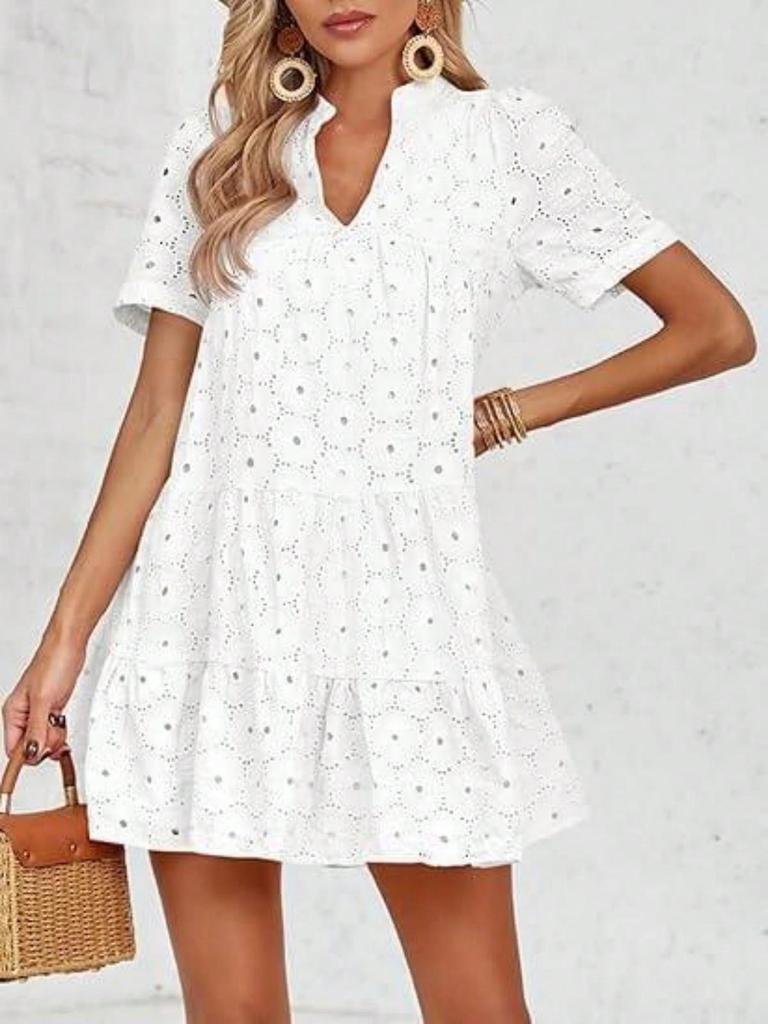 Women's Eyelet Lace Babydoll Dress Short Sleeve V Neck Flowy Summer Tunic Dress