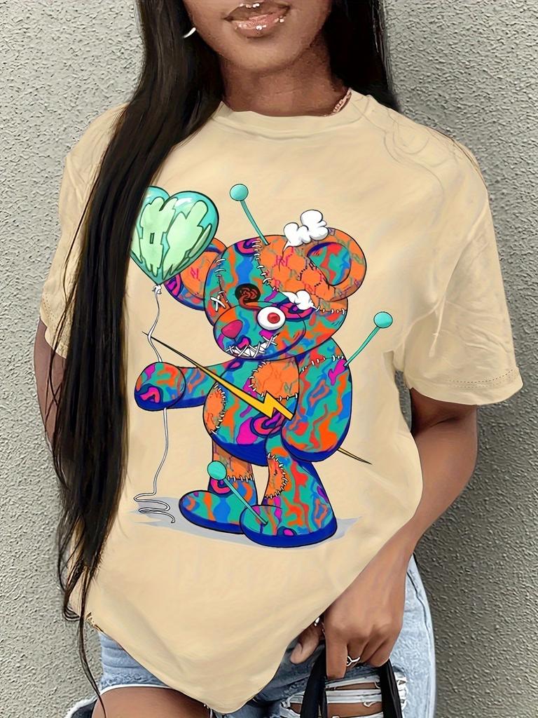 Colorful Bear Print T-Shirt, Casual Crew Neck Short Sleeve T-Shirt For Spring & Summer, Women's Clothing