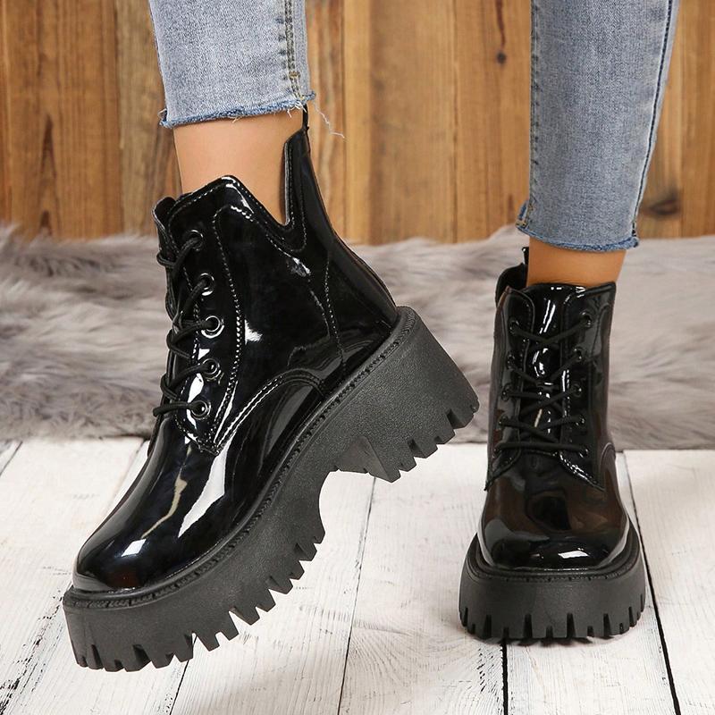 Fashion Chunky Platform Ankle Boots for Women Fashion Thick Bottom Non Slip Combat Booties Woman Black Patent Leather Punk Botas Mujer