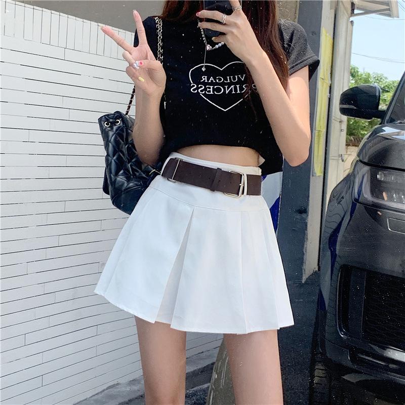 Petite Women's Retro Hong Kong Style Pleated Skirt with Waist-Cinch Belt