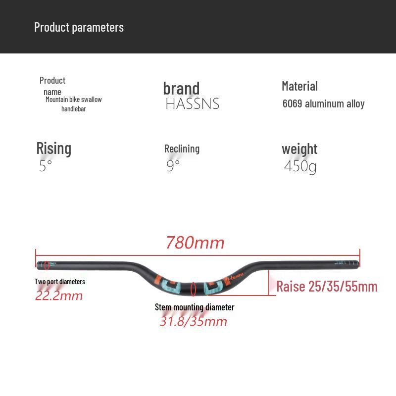 HASSNS Mountain Bike Swallow Handlebar, 31.8/35mm Diameter, AM DH Downhill, 25/35/55mm Rise