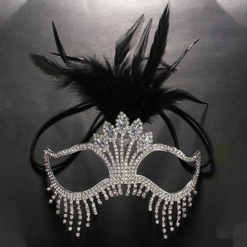 

Feather Mask Halloween Diamond Fringed Interview Stage Performance Accessories Female Mask Black feather (silver plated)