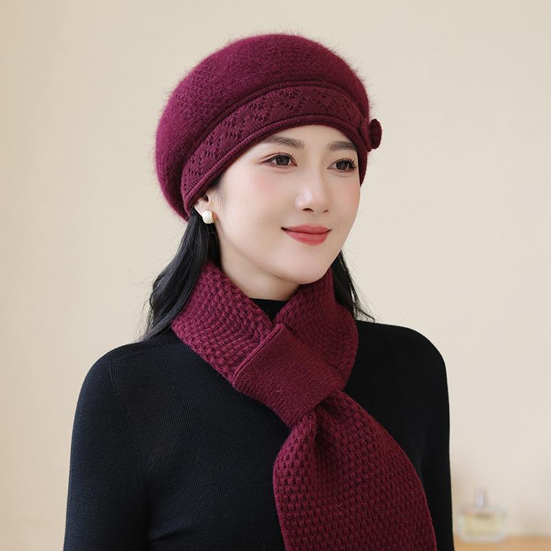 Chapeau d'hiver Béret en poils de lapin Pour les personnes âgées Chapeau thermique épais empilé Chapeau tricoté