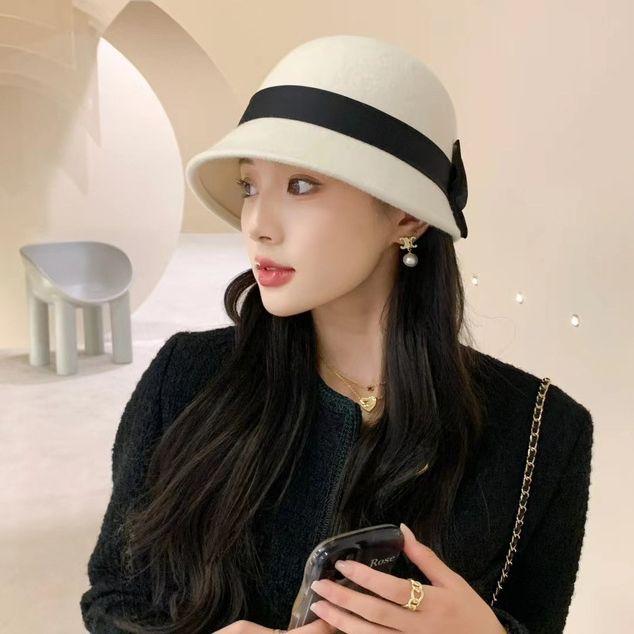Japanese woolen top hat women's autumn and winter retro Hepburn style small edge basin hat elegant women's bow bucket hat
