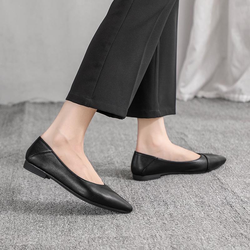 Flat-soled Soft-soled Work Shoes Women's Black Pointed Single Shoes Women's Soft Leather Shallow Mouth Comfortable Career Interview Flight