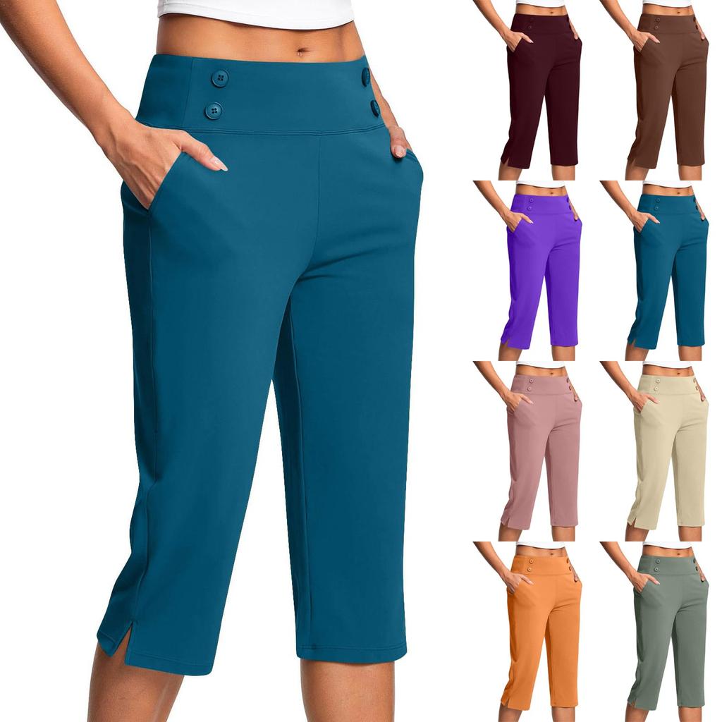 Women's Fashionable Solid Color Button Pocket Pants With Split Hems High Waist Sports Yoga Casual Cropped Pants