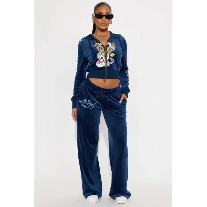 Womens Slim Fit Hooded Velvet 2-Piece Set Streetwear Skull Print Casual Tracksuit