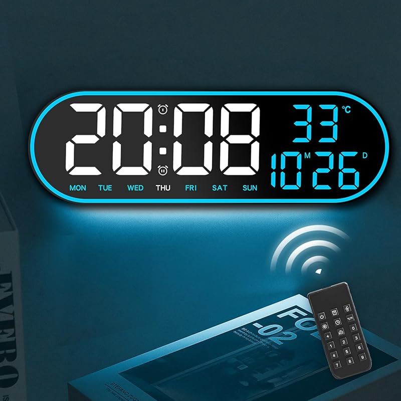 13.7" Digital Wall Clock Large Display with Remote Control,Dual Alarm,Auto-Dimming,Big Digits,Auto DST Clock for Bedroom Living Room Decor with 9