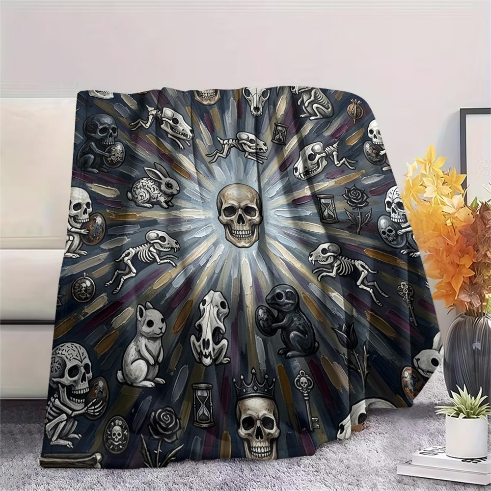 1Pc Skull Print Flannel Blanket, High quality Comfortable for All Seasons, Home Decor, Warmth and Comfort, Perfect for Christmas Gifts W52