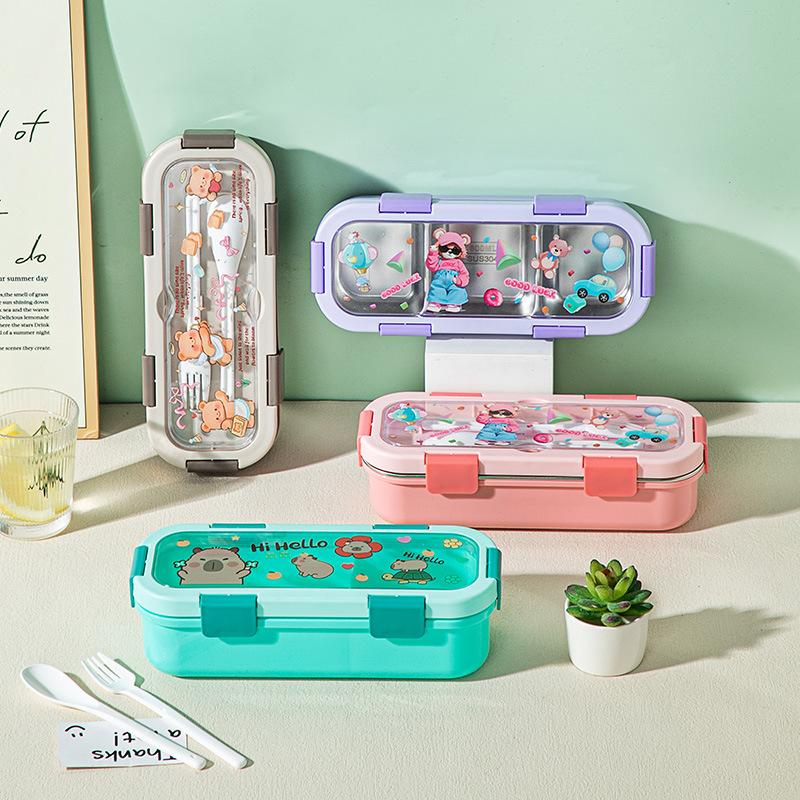 Cartoon Lunch Box Safe Rectangle Shape 304 Stainless Steel Office Workers Compartment Rectangle Container Food Preservation