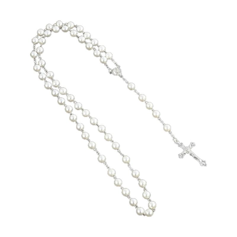 Catholic Imitation Pearl Beads Rosary Necklace Medal Cross Pendant Religious Jewelry First Communion Gift for Girl Women