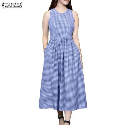 Women Casual Round Neck Plaid Print Loose Summer Sleeveless Dress
