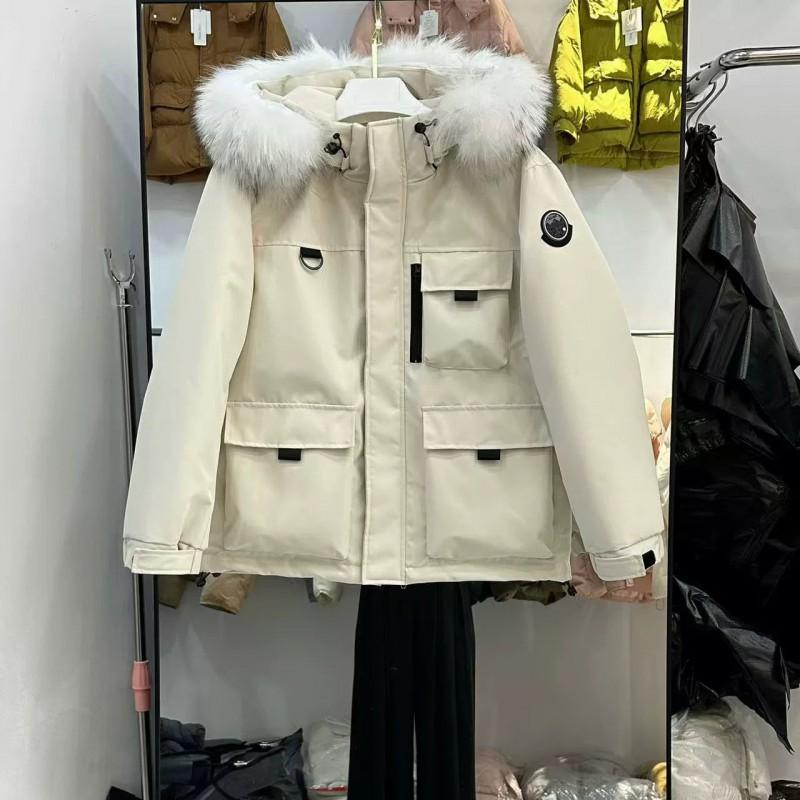 Womens Short Puffer Jacket With Detachable Faux Fur Collar Loose Fit 90% White Duck Down Winter Coat