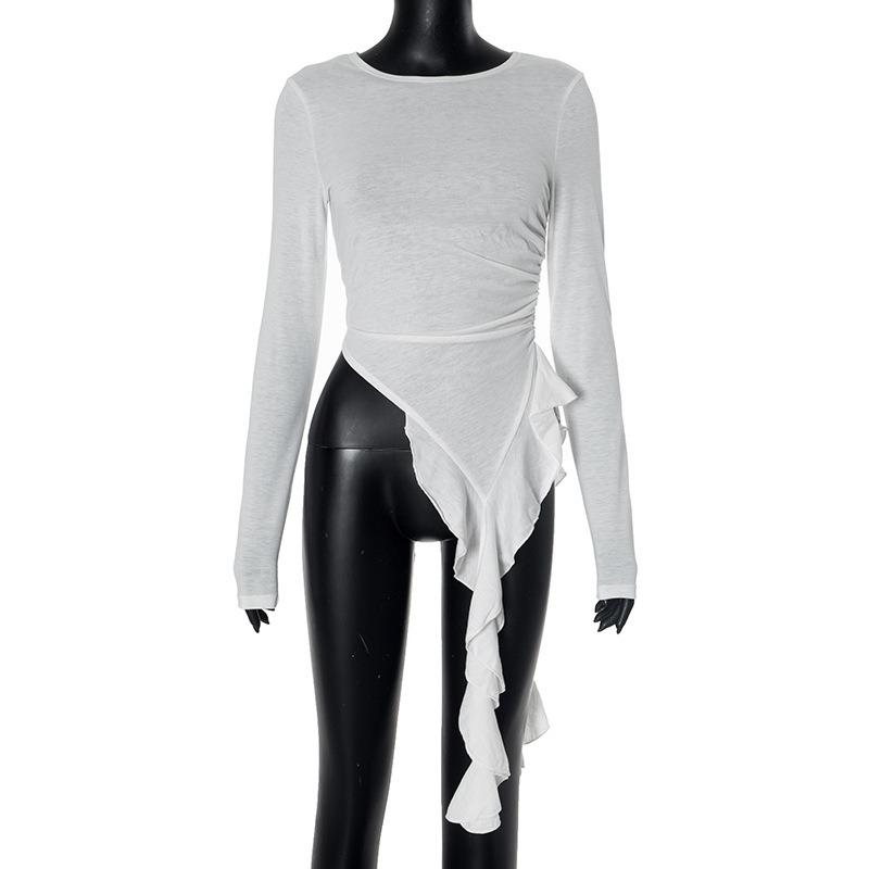 Damen Frühling und Sommer Neue Persönlichkeit Unregelmäßig Gestrickt Schlanke Damen T-Shirt Im Inneren Der Langen Ärmeln Bottoming Shirt