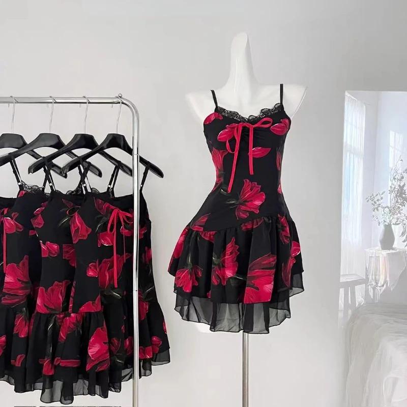 Summer 2024 French Elegant Y2k Mini Dress Beach Style Casual Slim Fit Suspender Mini Dress Korean Vintage Lace Rose Floral Dress