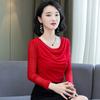 Fashion Spring Summer Mesh Base Shirt Thin Loose Fit Long Sleeve Elegant T Shirt Women Cover Belly Blouse
