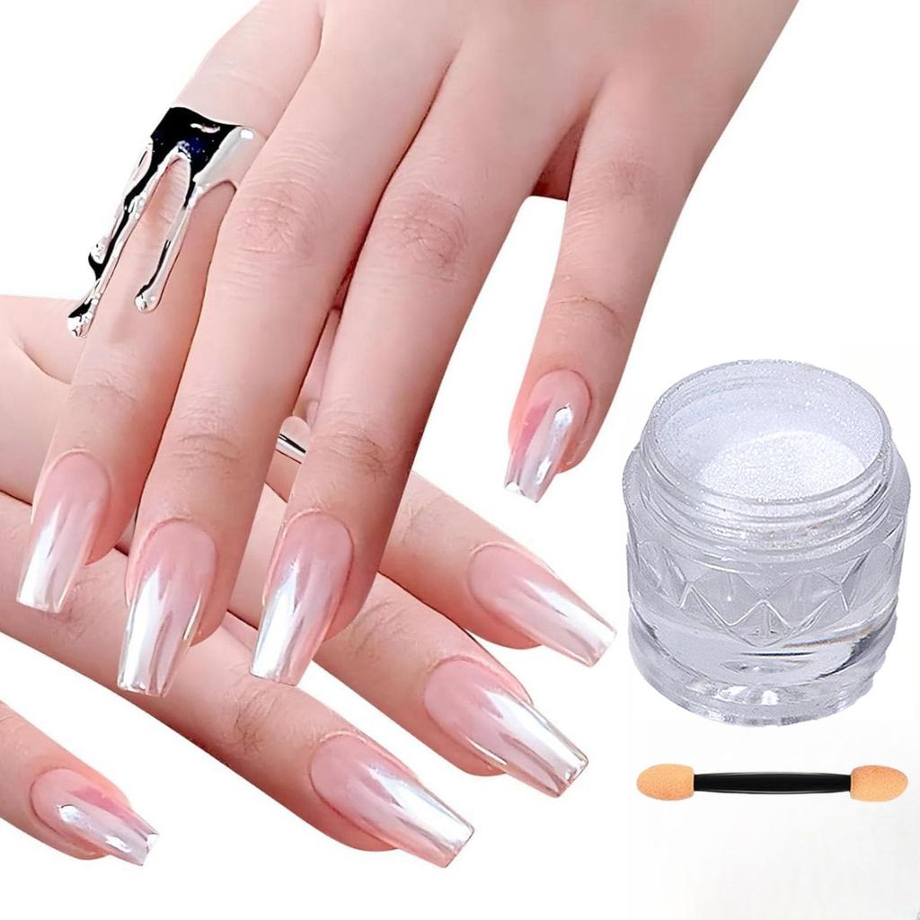 AUTAKI Aurora Nail Powder, White Mirror Powder, Aurora Powder, Mirror Nails, Pearl Nail Powder, Clear, Fashionable, Simple Design, Trendy, Nail Salon