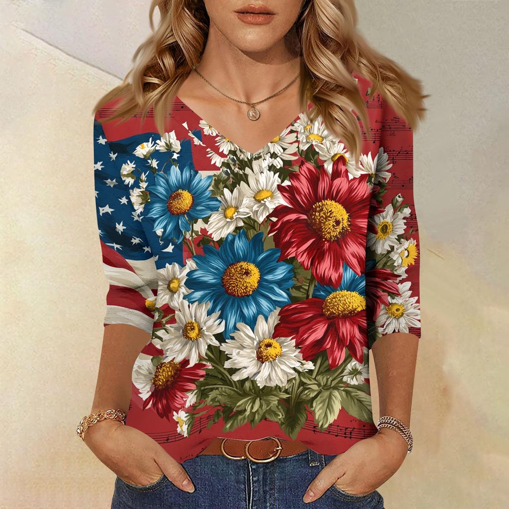 Womens V Neck Shirt 3 4 Sleeve Casual Loose Fit Floral Print Blouse Lightweight Comfortable Top for Everyday Wear