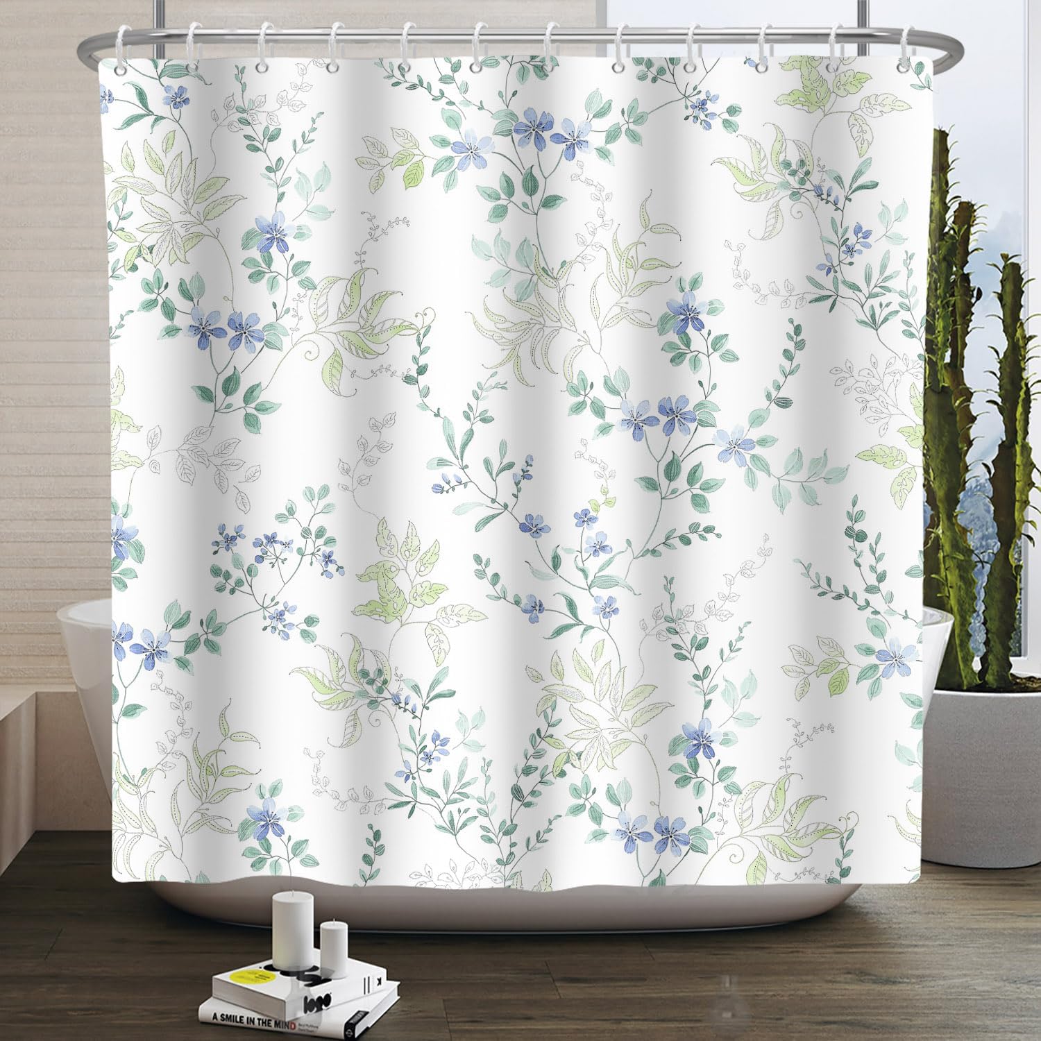 

1Pc White Blue Floral Shower Curtain, Botanical Herb Wildflower Bouquet Dragonfly Waterproof Shower Curtain, Polyester Fabric W60H190(CM)-1 Pcs