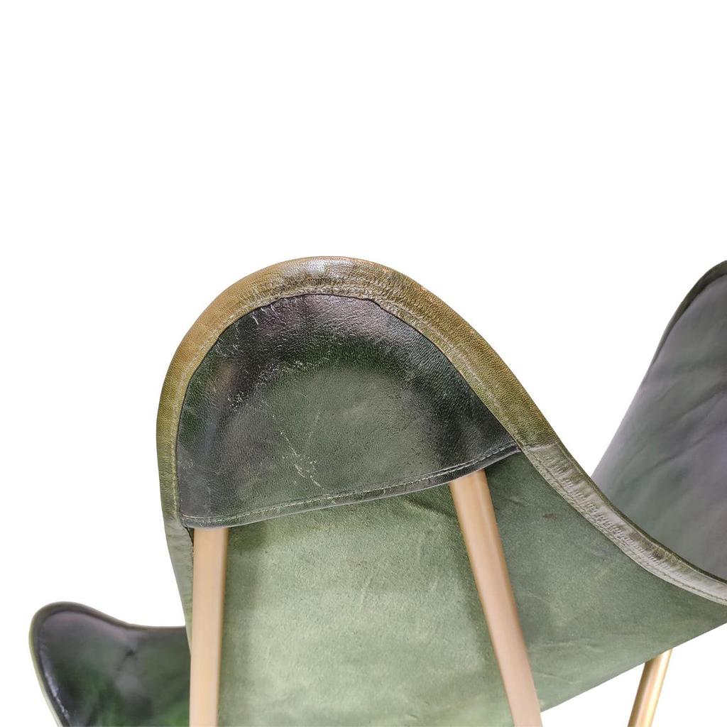 Classic Green Leather Butterfly Chair - Comfortable Folding Living Room Butterfly Chair – with Golden Powder Coated Iron Stand