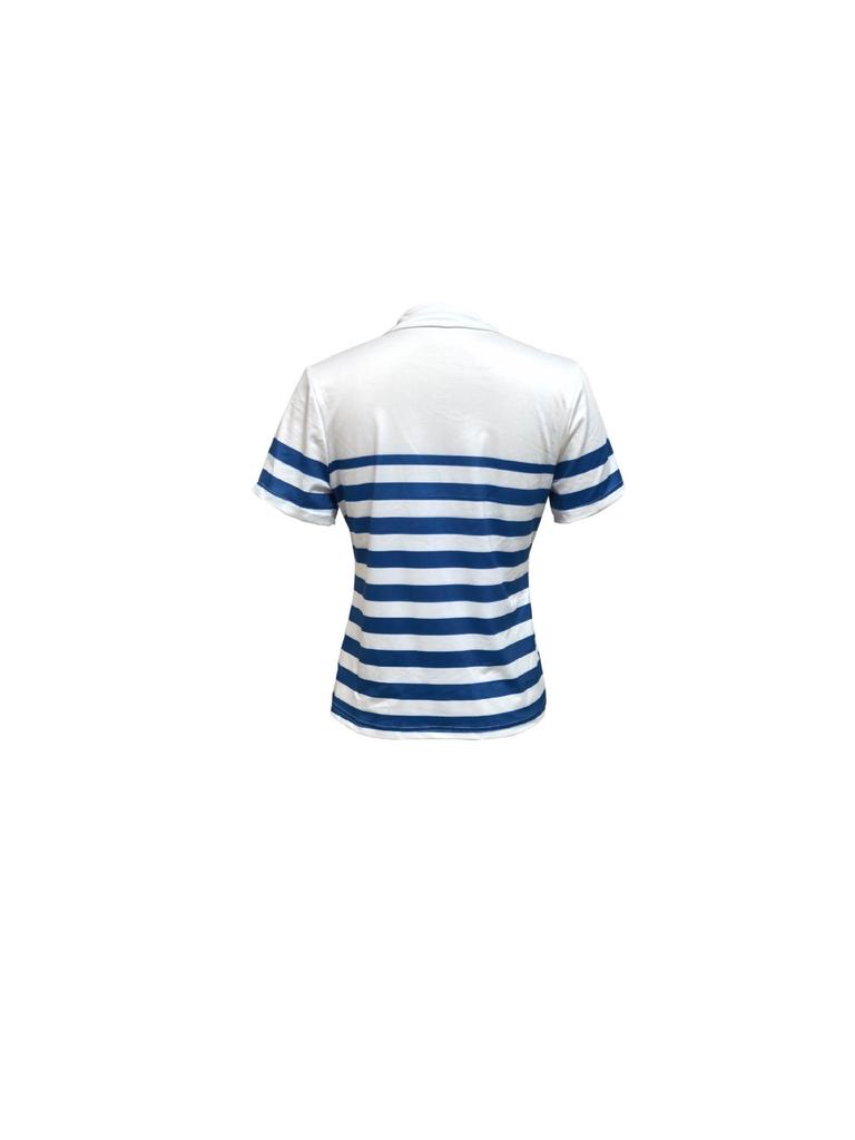European and American Striped Polo Collar Short Sleeve Women's Autumn T-shirt - Versatile and Fashionable.