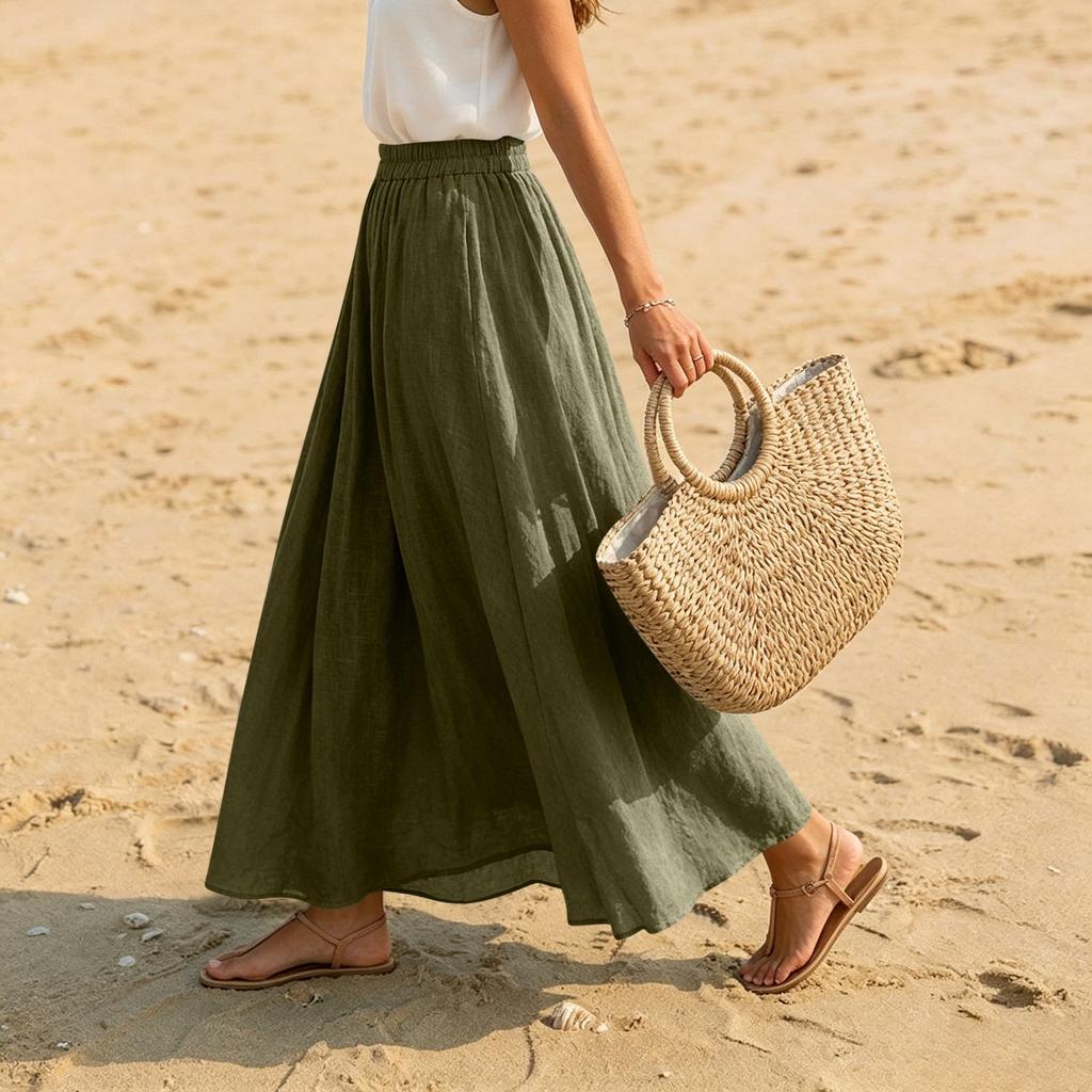 Women's Casual Holiday Solid Color Cotton Linen Long Skirt A-Line Beach Half Length Skirt Elastic Waist Comfortable Fit