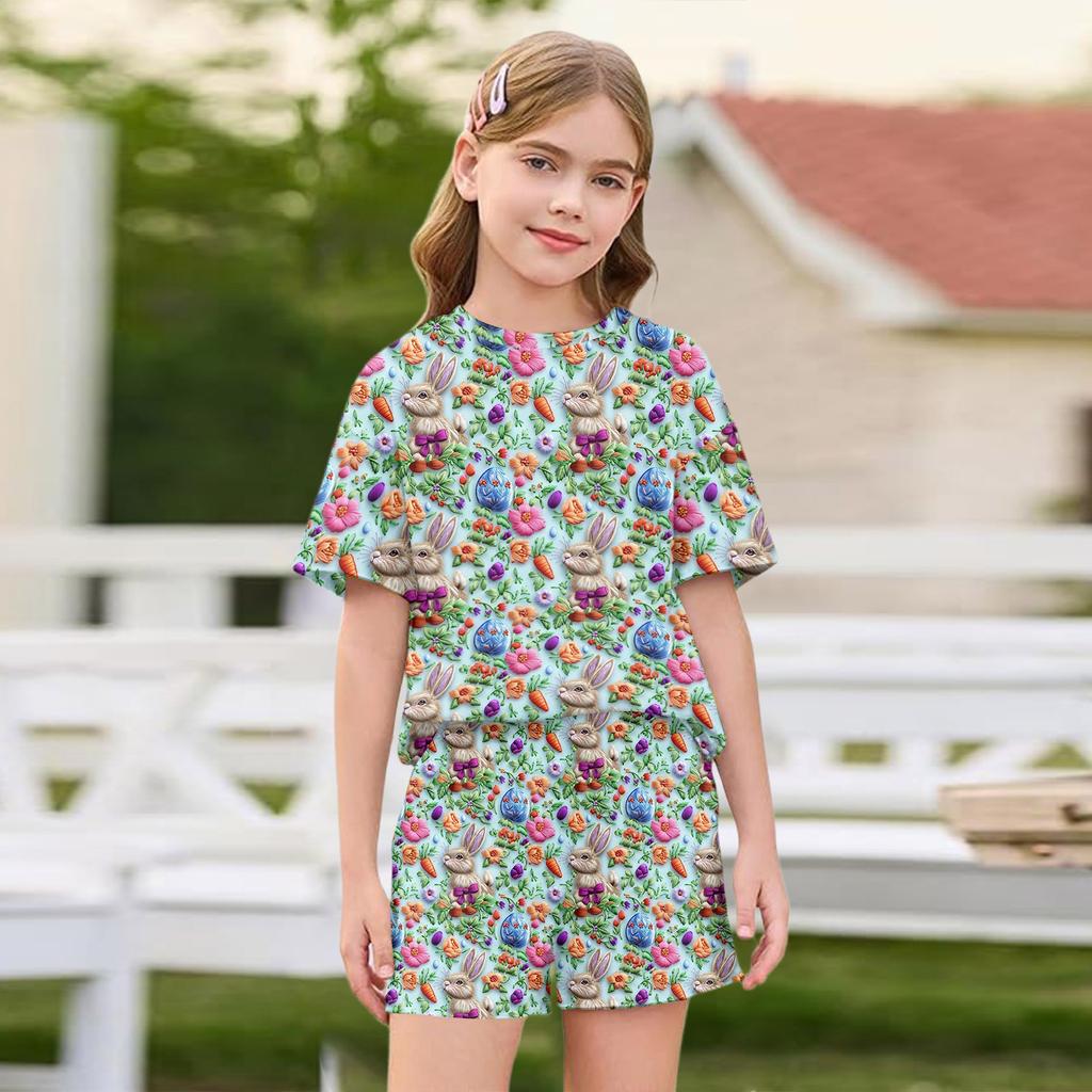 Kid Patriotic Outfit - Short Sleeve & Shorts 2-Piece Set For Girl Easter Day